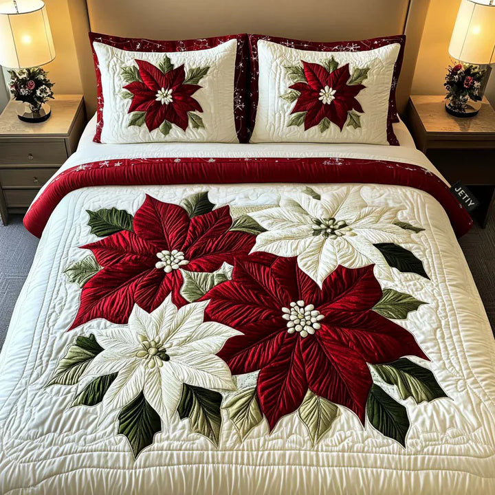 Juego de cama acolchado de 3 piezas - Poinsettias de Invierno
